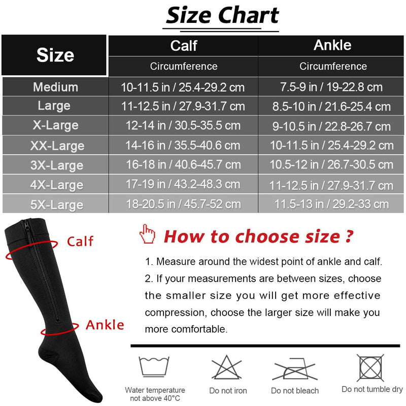 Ailaka Zipper Compression Socks for Men Women - 20-30 mmHg Close Toe Knee High Medical Compression Socks with Zipper, Zip Up Socks for Varicose Veins, Edema, Recovery, Pregnant, Nurse XX-Large (1 Pair) Black - BeesActive Australia