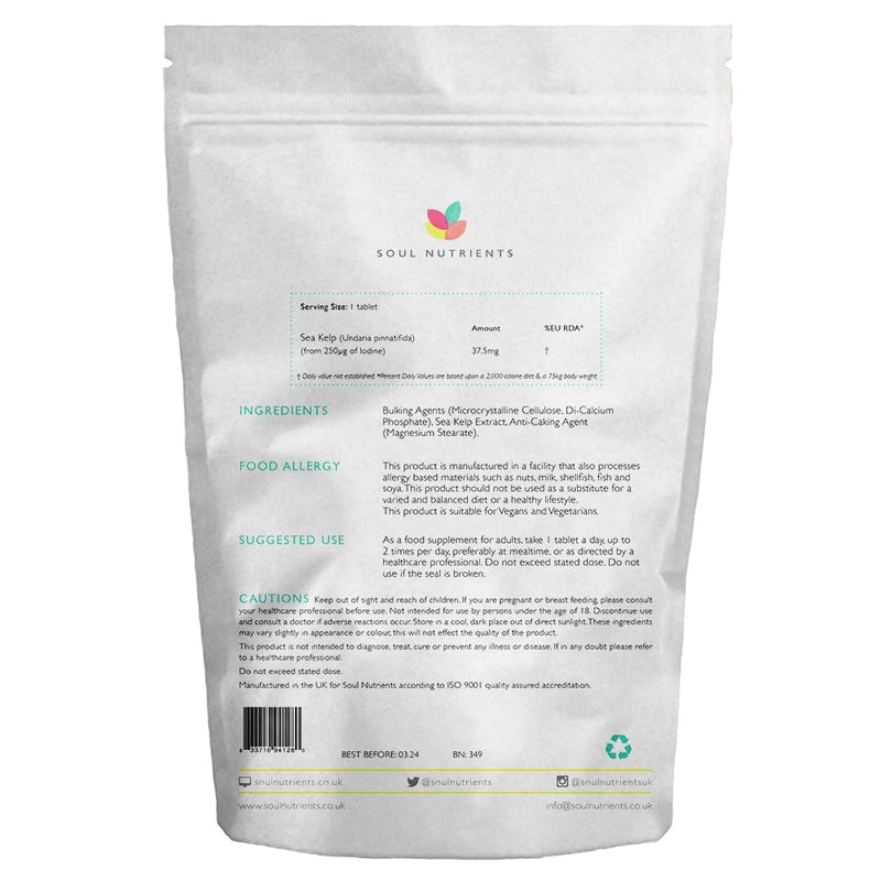 Soul Nutrients Sea Kelp Tablets (120) | Natural Source of Iodine for Thyroid and Brain Health, Metabolism Support | Vegan - BeesActive Australia