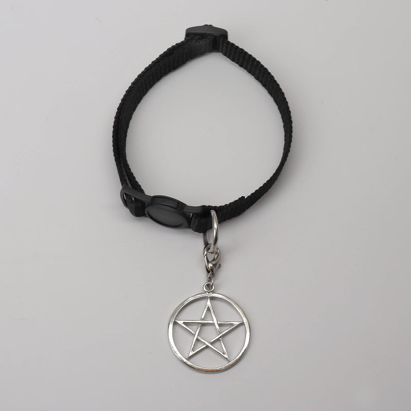 Black Cat Collar with Wiccan Pagan Pentacle Silver Finish On Safety Breakaway Collar Adjustable Neck Size 8 to 12 Inches - BeesActive Australia