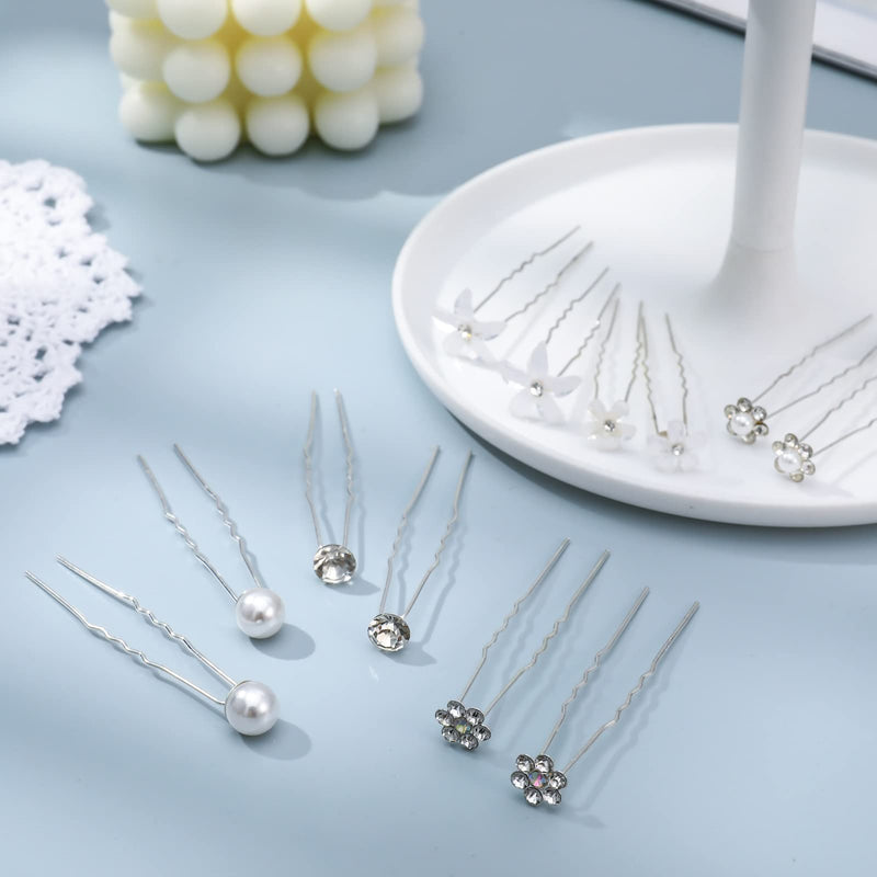 AUXSOUL 30Pcs Bridal Hair Pins, Crystal Pearl Hair Pins U Shaped Diamond Hair Pins, Wedding Rhinestone Hair Clip for Women Girl (6 styles) - BeesActive Australia