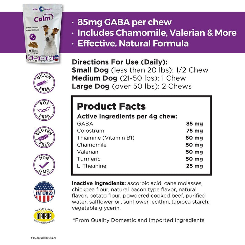 Vital Planet - Calm Soft Chews for Dogs, Promotes Calmness in Stressful Situations with GABA and Natural Herbs - 45 Natural Bacon Flavored Soft Chews - BeesActive Australia