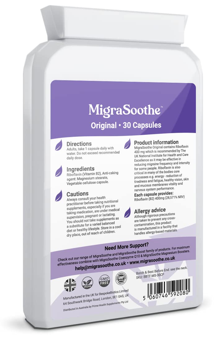 Premium Vitamin B2 Riboflavin 400mg per Capsule -Migrasoothe-B Pharma Manufacturing Standards UK Made Migraine Support, Stress, Tremors & Energy Vegan. Nice Recommended Vitamin B2 400 (30) 30 - BeesActive Australia