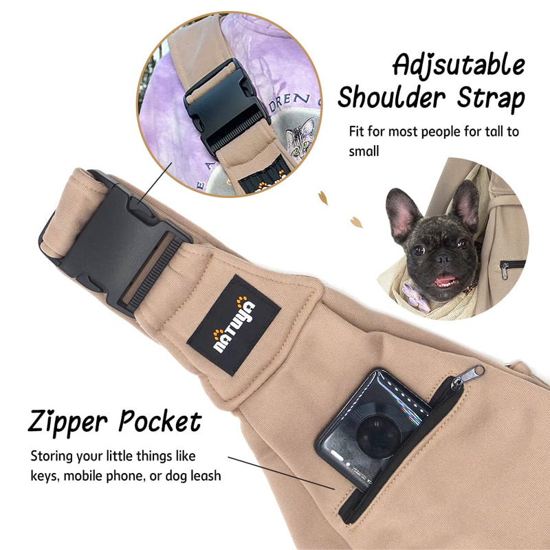NATUYA Pet Dog Sling Carrier - Dog Sling with Net Bag for Carrier Dogs Cats-Hands Free Pet Bag-Buckle net Pocket pet Bag Khaki - BeesActive Australia