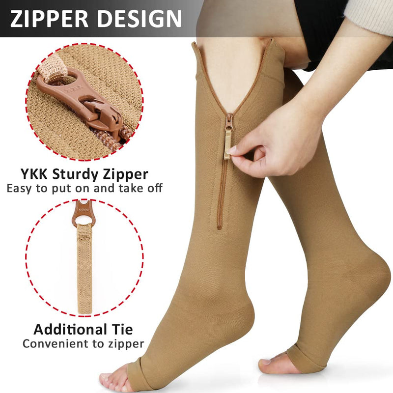 Plus Size Ailaka Medical Zipper Compression Calf Socks 20-30 mmHg for Women & Men, Knee High Open Toe Firm Support Graduated Varicose Veins Hosiery for Edema, Swelling, Pregnancy, Recovery 3X-Large Beige - BeesActive Australia