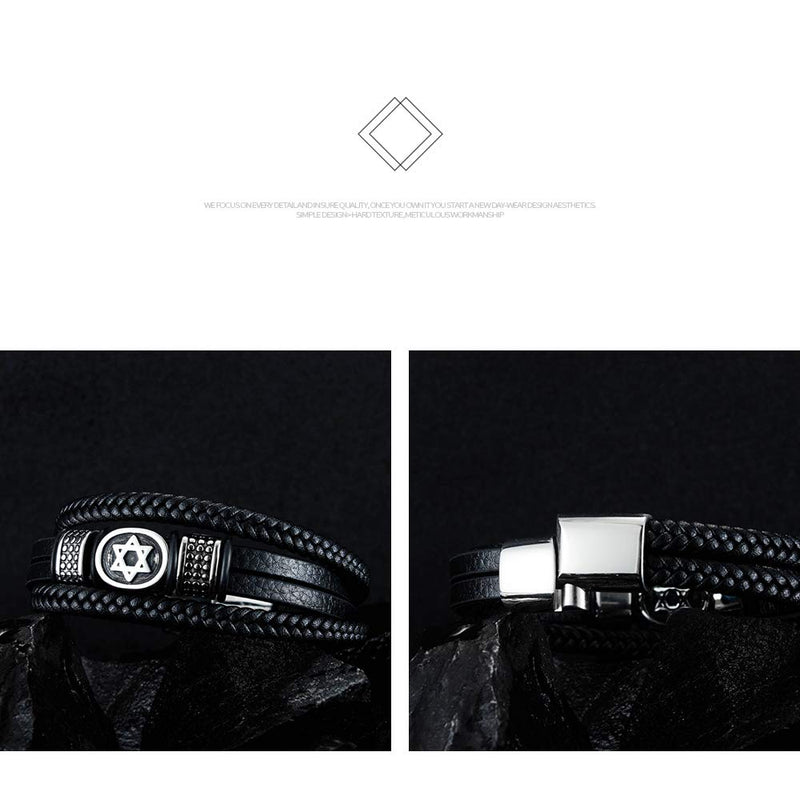 TEMICO Mens Black Leather Cuff Bracelet Multi-Layer Braided Leather Magen Star of David Bracelet Jewish Jewelry - BeesActive Australia