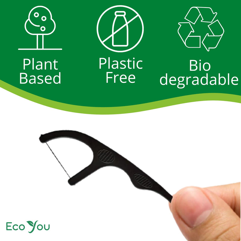EcoYou Natural Bamboo Charcoal Dental Floss Picks | 200 Count (Pack of 4) | Candelilla Wax & Mint Flavored | Eco Friendly, Biodegradable, Plastic Free, Vegan, BPA Free - BeesActive Australia