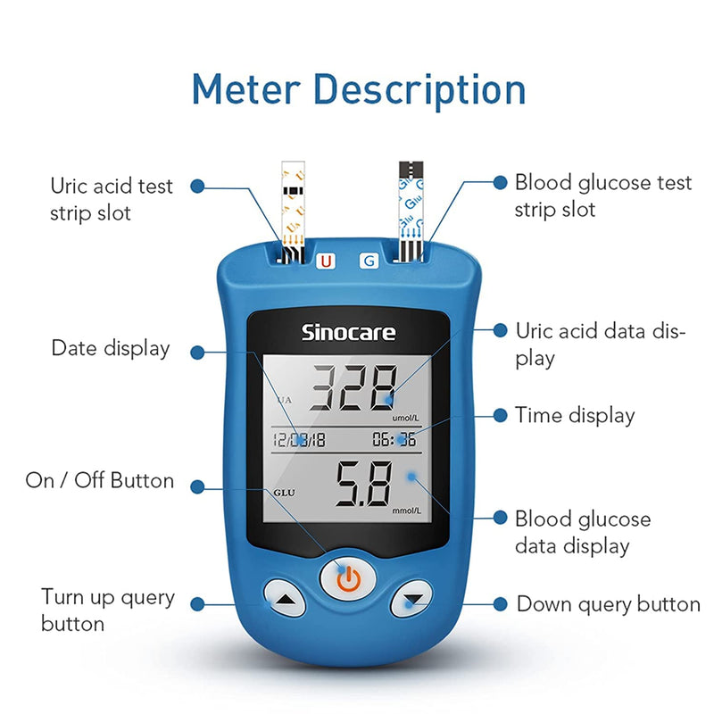 sinocare 2-in-1 Uric Acid & Blood Glucose Test Kit, Safe AQ UG Multifunctional Monitor for Blood Sugar & Gout Test, w/Test Strips x 100 & Lancing Devices x 100, for Diabetics & Gout - in mmol/L Safe AQ UG test kit w/ strips × 100 - BeesActive Australia