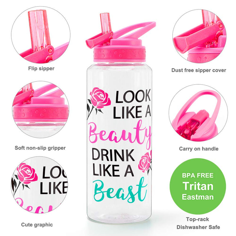 Home Tune 32oz Motivational Water Bottle with Straw & Time Marker, BPA Free Tritan & Dustproof Flip Straw & Leak Proof & Carry Handle & Pretty Design & Easy Clean Beauty & Beast - BeesActive Australia