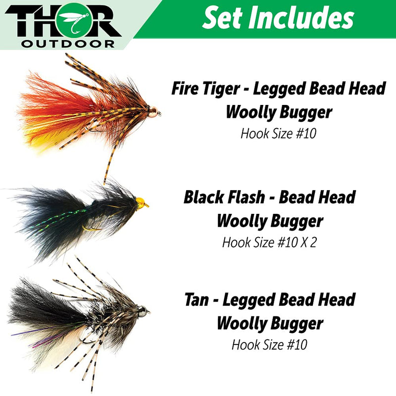 Thor Outdoor BH Woolly Bugger Streamer Fly Fishing Set – Wet Flies for Trout, Panfish, and Bass Fire Tiger-L, Black, Tan-L - Size #10 - BeesActive Australia