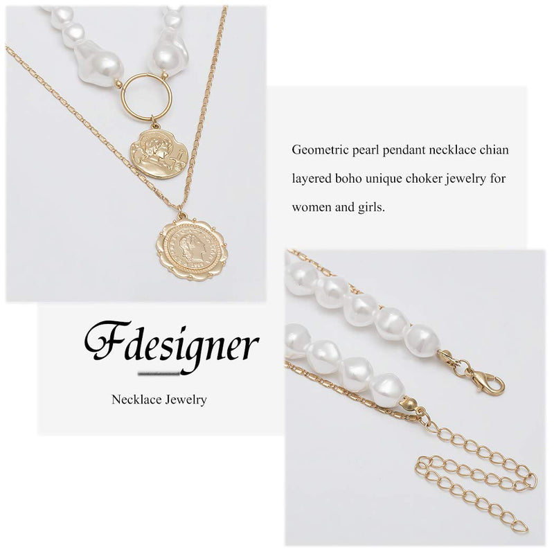 Fdesigner Fashion Geometric Pearl Choker Necklace Gold Round Coins Charm Pendant Necklaces Chain Jewlery Handmade Dainty Necklace for Women - BeesActive Australia