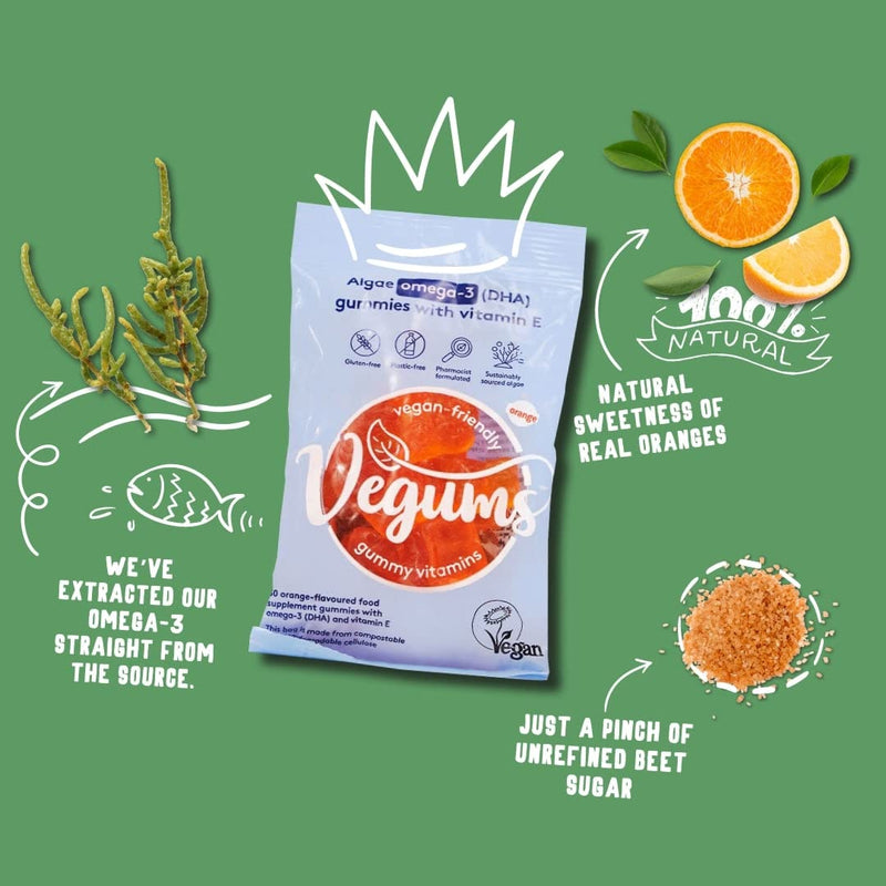Vegums Fish-Free Omega-3 for Kids and Adults | 30 Orange-Flavoured Food Supplement Gummies with Omega-3 (DHA) Sourced from Marine Algae & Vitamin E | Suitable for Vegans and Vegetarians 30 Count (Pack of 1) - BeesActive Australia