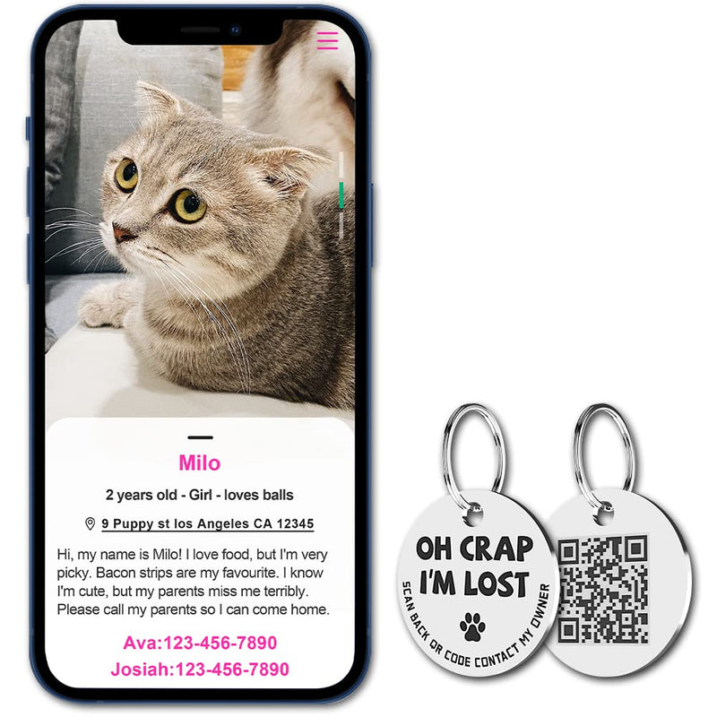 MYLUCKYTAG Stainless Steel QR Code Pet ID Tags Cat Tags - Pet Online Profile - Scan QR Receive Instant Pet Location Alert Email Im Lost,silver - BeesActive Australia