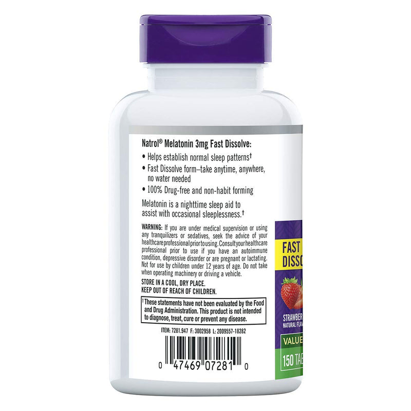 Natrol Melatonin Fast Dissolve Tablets, Helps You Fall Asleep Faster, Stay Asleep Longer, Easy to Take, Dissolves in Mouth, Strengthen Immune System, 3mg, 150 Count 150 Count (Pack of 1) - BeesActive Australia