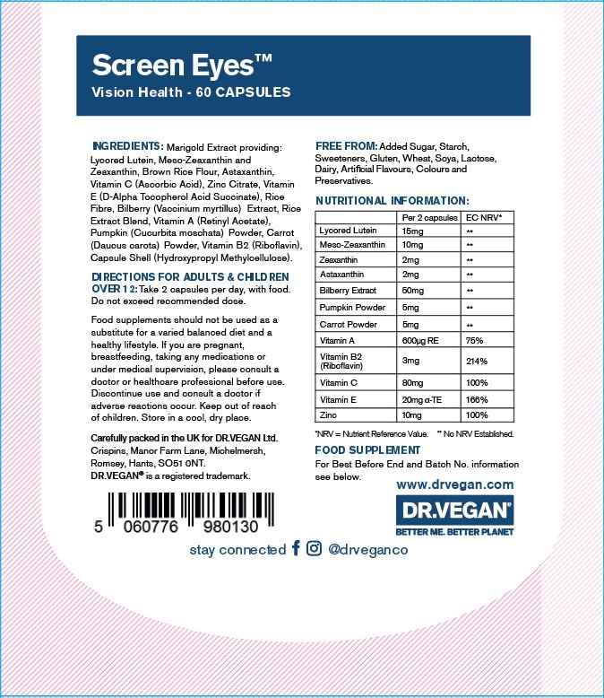 DR.VEGAN Screen Eyes | Vision Health, 60 Vegan-Friendly Capsules | Lutein (15mg), Zeaxanthin (2mg), Meso-zeaxanthing (10mg), Astaxanthin (2mg) and Bilberry (50mg) | Two-A-Day - 30 Day Supply - BeesActive Australia