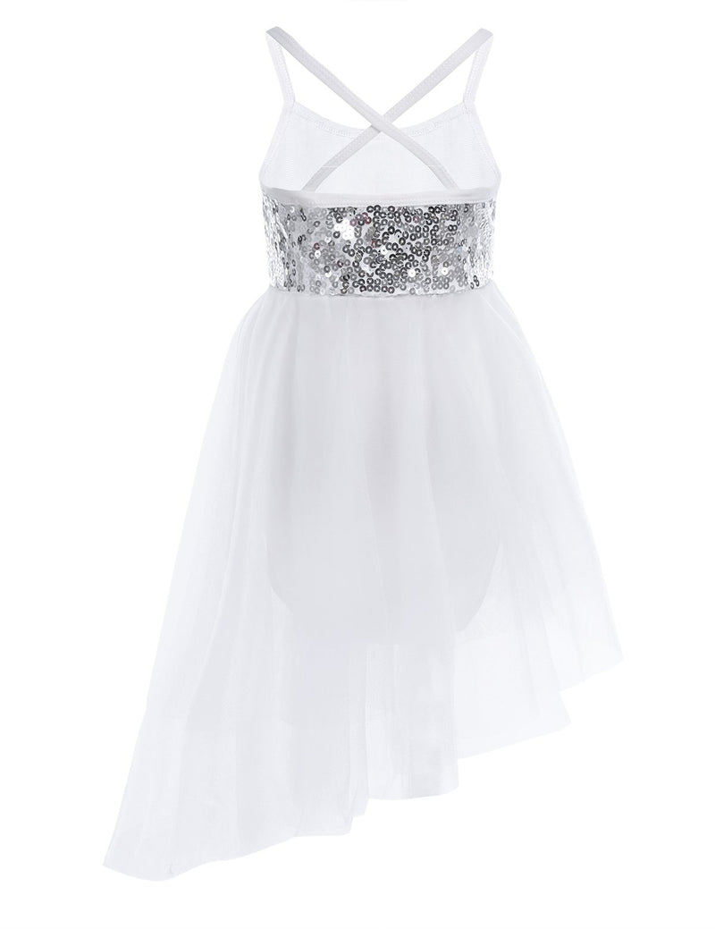[AUSTRALIA] - YiZYiF Kids Girl's Sequined Camisole Ballet Dress Chiffon Dance Leotard Asymmetric White 8 / 10 