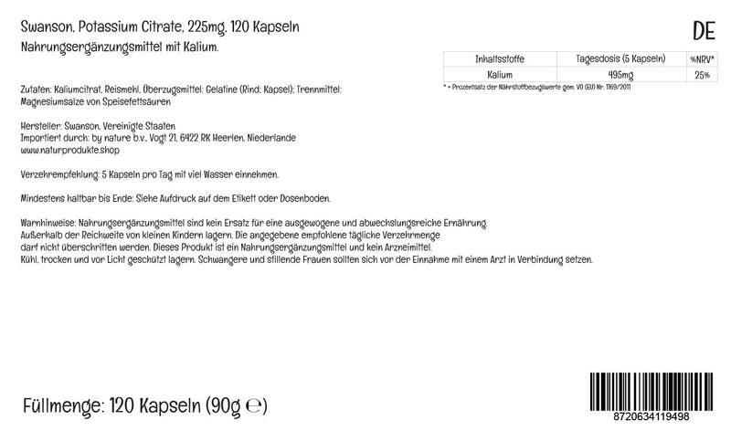 Swanson, Potassium Citrate, 99mg Potassium per Capsule, 120 Capsules, Highly Dosed, Lab-Tested, Soy Free, Gluten Free, Non-GMO - BeesActive Australia