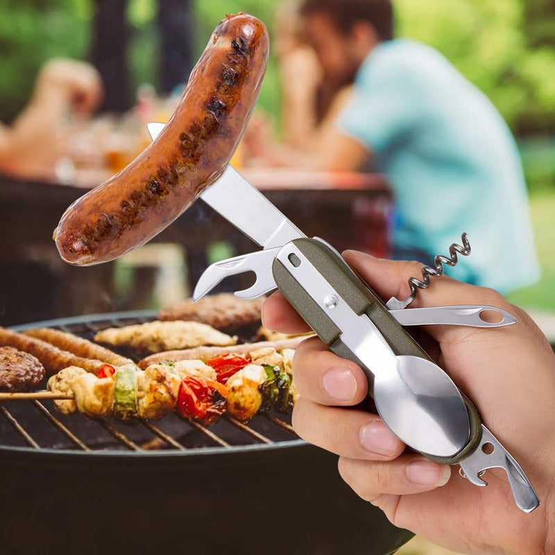 7-in-1 Camping Utensils Tool, Foldable Camping Utensil Set, Portable Stainless Steel Spoon, Fork, Knife & Bottle Opener Combo Sets, Multifunction Travel Backpacking Cutlery Eating with Case by HAHAHOO - BeesActive Australia