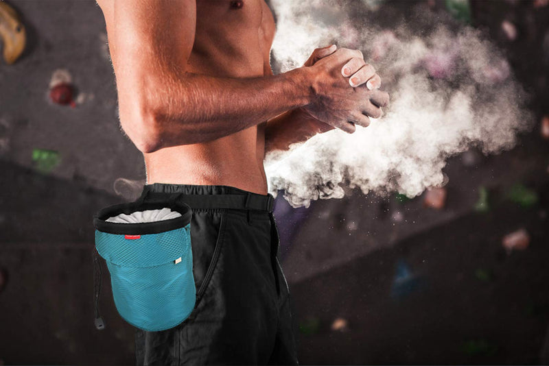 Rhino Valley Climbing Chalk Bag, No Leak Drawstring Closure Bag with Adjustable Belt, Carabiner Clip and Zippered Pockets for Climbing, Gymnastics, Cross Fit, Weight Lifting & More Light Blue - BeesActive Australia
