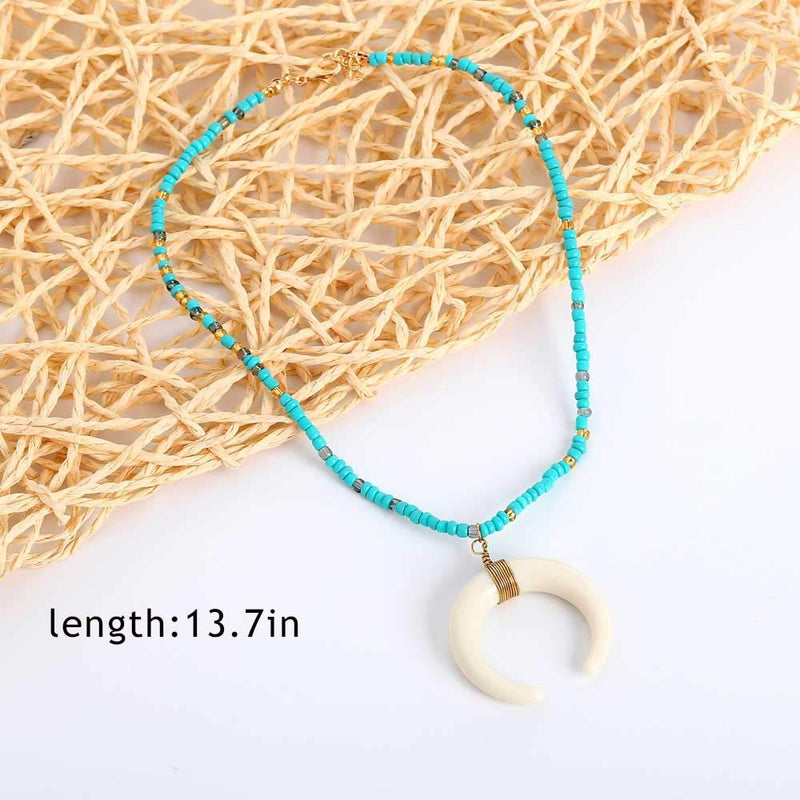 Hannah Boho Layered Turquoise Necklaces Gold Short Moon Beaded Pendant Necklaces Chain Jewelry for Women and Girls - BeesActive Australia