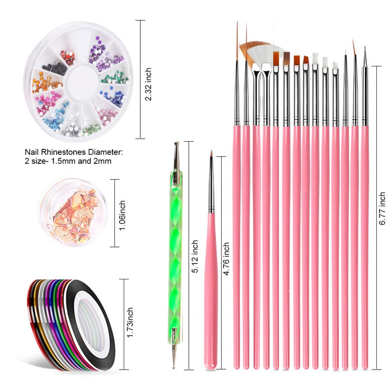 Nail Pen Designer, Teenitor Stamp Nail Art Tool with 15pcs Nail Painting Brushes, Nail Dotting Tool, Nail Foil, Manicure Tape, Color Rhinestones for Nails A-Pink - BeesActive Australia