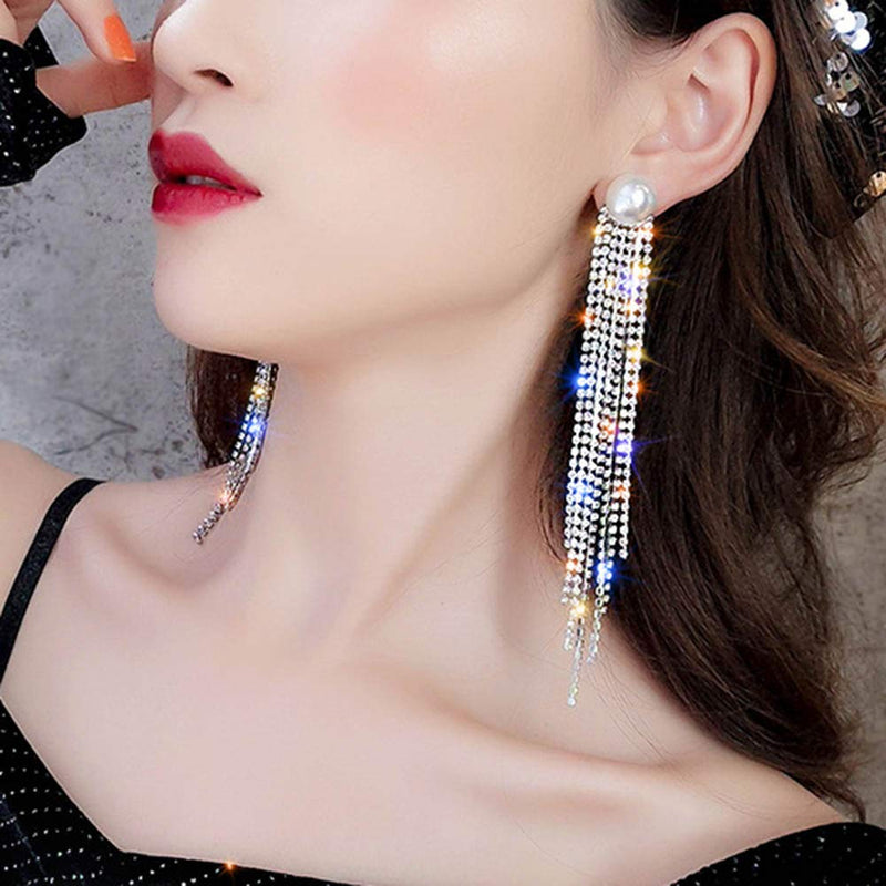 Xerling Rhinestones Long Tassel Earrings Pearl Stud Earrings Crystal Chandelier Dangle Drop Earrings for Women for Bridal Wedding - BeesActive Australia