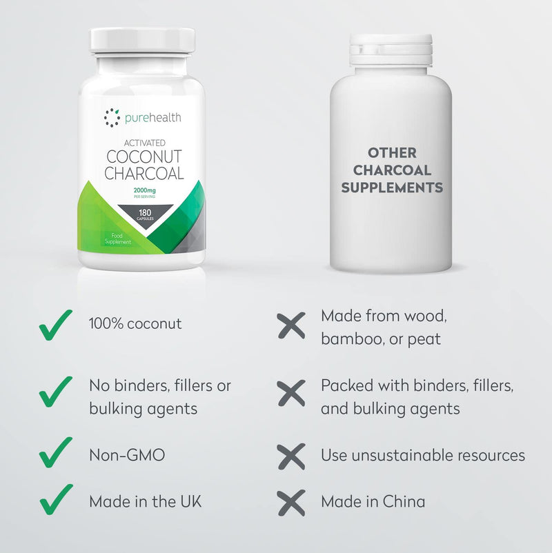 Activated Coconut Charcoal Capsules 2000mg Daily Serving | No Fillers/Bulking Agents | 180 Vegan Capsules | Non GMO Coconut for Bloating, Gas, Digestion, Flatulence | Natural Relief | Supplement - BeesActive Australia