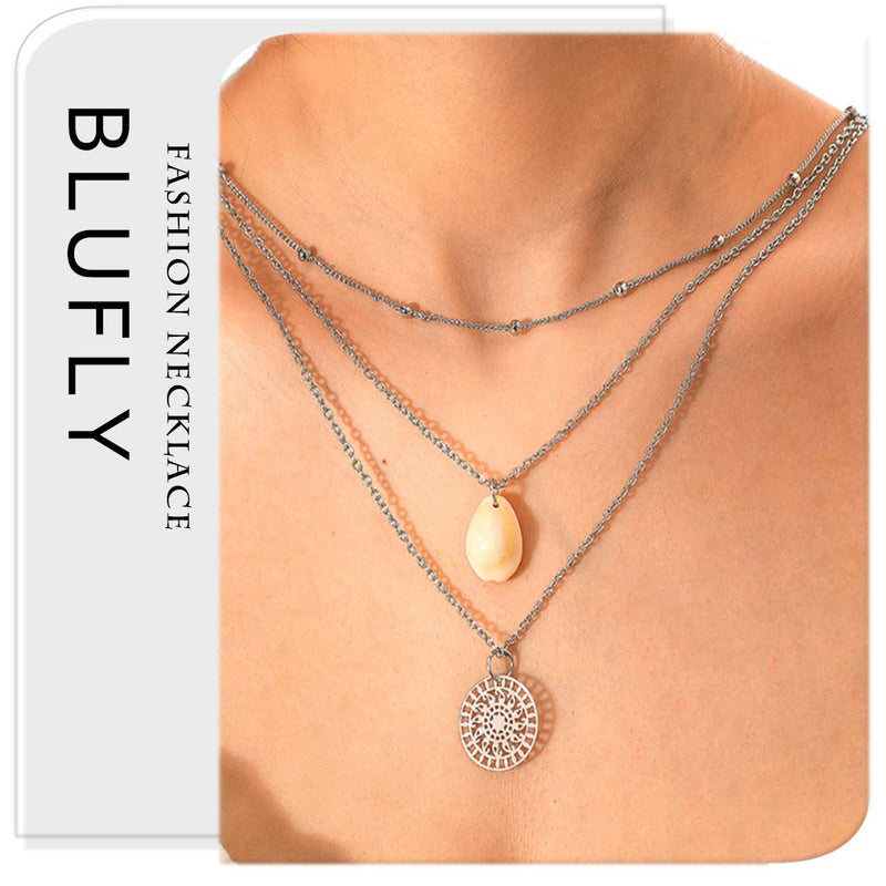 Blufly Layered Coin Pendant Necklace Silver Shell Necklaces Beads Necklace Chain Boho Jewelry for Women and Girls - BeesActive Australia