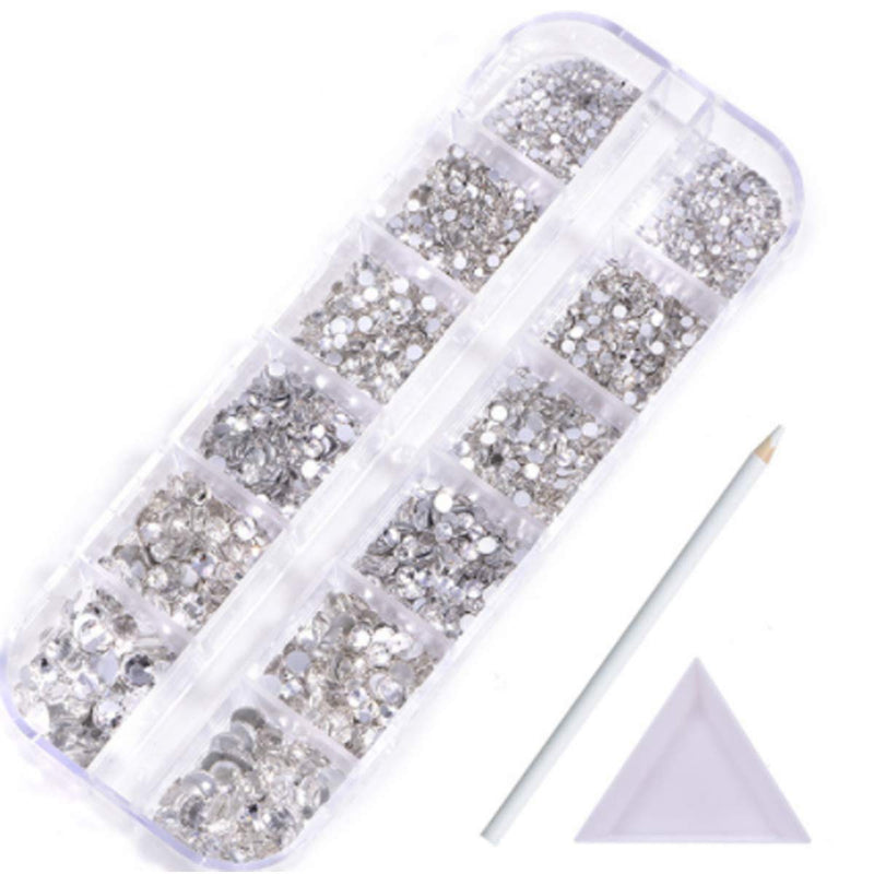 Ayetea Prime 2100pcs Nail Rhinestones, Flat Back Round Crystal Rhinestones Glass Gems Set 6 Size with Rhinestones Picking Pen and Triangle Plate, for Crafts Nail Face Art Clothes Shoes Bags DIY Clear - BeesActive Australia