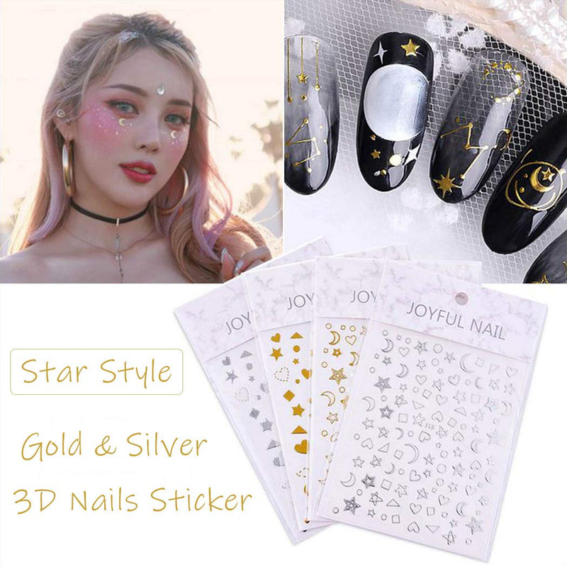 Sethexy 3D Nails Sticker 900+ Pcs Nail Decals Stars Crescent DIY Sparkle Gold & Silver Art Design Self-Adhesive Stickers for for Girls Fingernails & Toenails Decorations Tips Manicure(10 Sheet) - BeesActive Australia