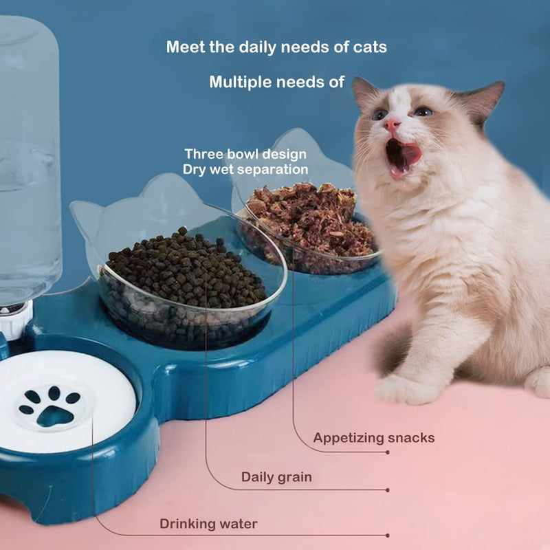 Triple Dog Cat Bowls,15°Tilt 3- in- 1 Water Feeder Bowls Cat Double Food Bowls with Automatic Water Bottle Bowl,Removable Cat Wet and Dry Food Bowl Set for Small Cat and Puppy Pink - BeesActive Australia