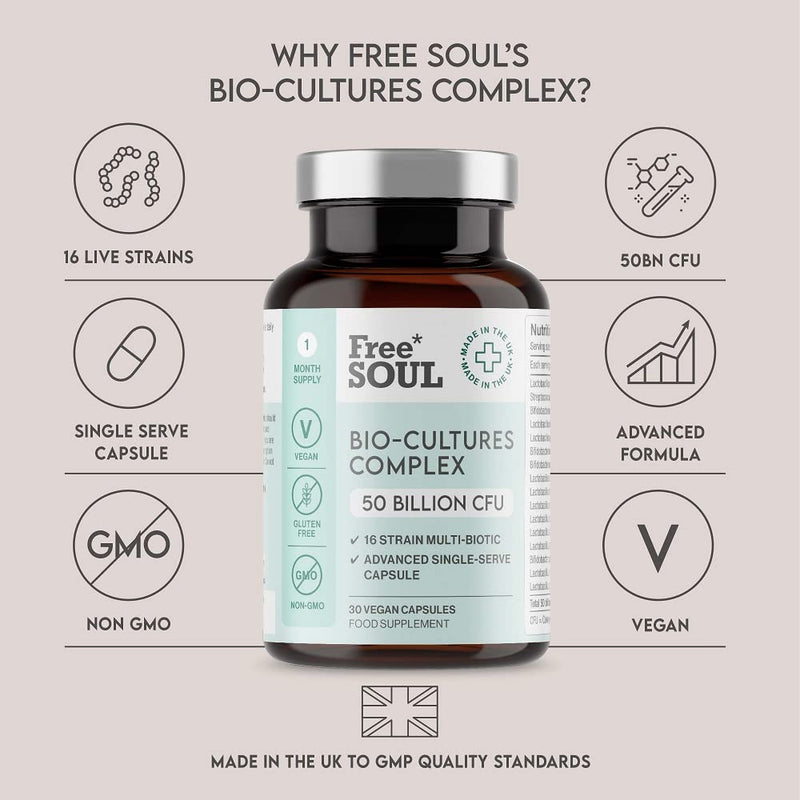 Super Strength 50 Billion CFU Advanced Pro Bio Cultures Complex with 16 Live Strains | Advanced Single Capsule Serving | Multi Strain Formula | Vegan Digestive Enzyme Supplement | UK Made - Free Soul - BeesActive Australia