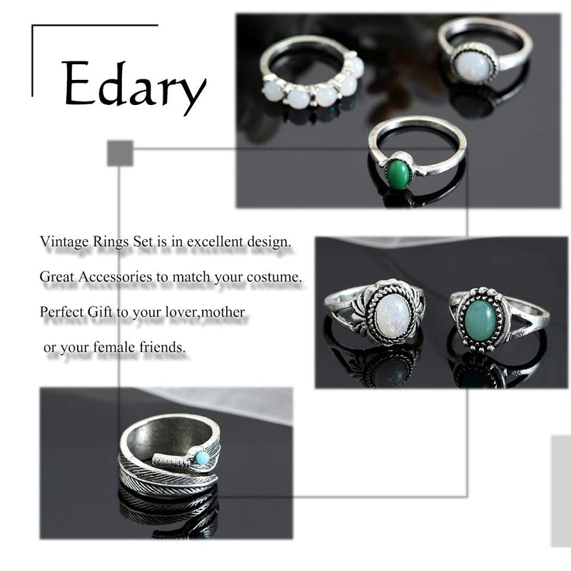 Edary Boho Gemstone Rings Set Leaf Ring Silver Joint Knuckle Rings for Women and Girls.(7PCS) - BeesActive Australia