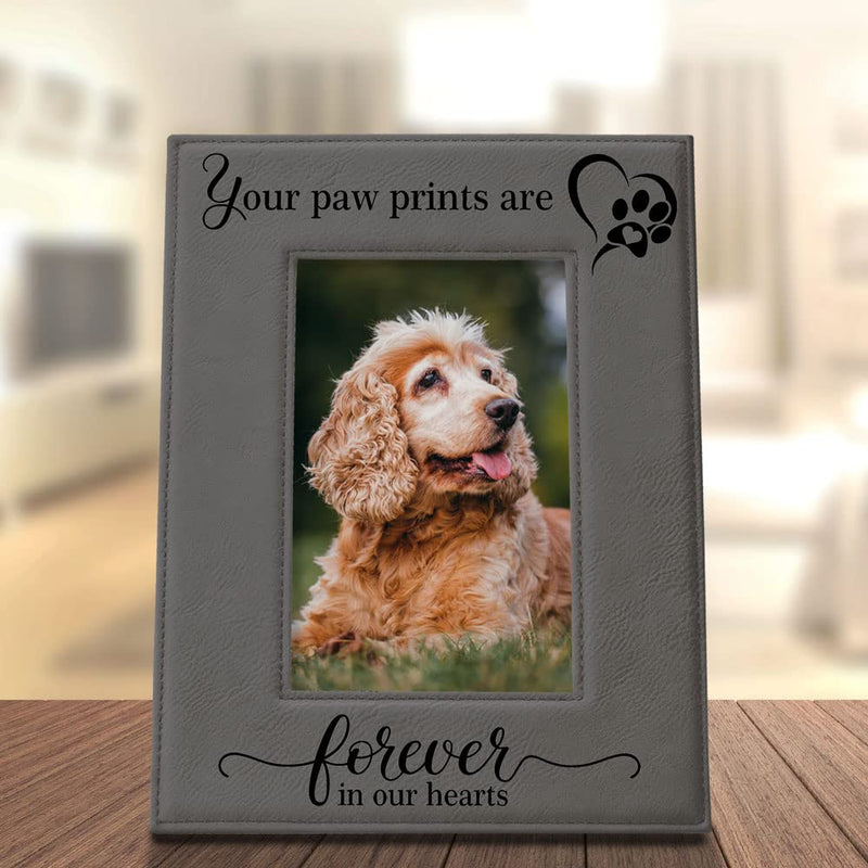 KATE POSH - Your Paw Prints are Forever in our Hearts. Engraved Leather Picture Frame. Memorial Pet Gift, Loss of Dog and Cat, Pet sympathy gift, In memory of (4" x 6" Vertical) 4" x 6" Vertical - BeesActive Australia