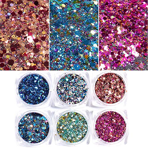 Holographic Nail Art Glitter Acrylic Nail Sequins Mixed Powder Iridescent Flakes Laser Sparkles Nail Tips Decor Crafts Festival for Women Girls DIY Design 6 Boxes - BeesActive Australia