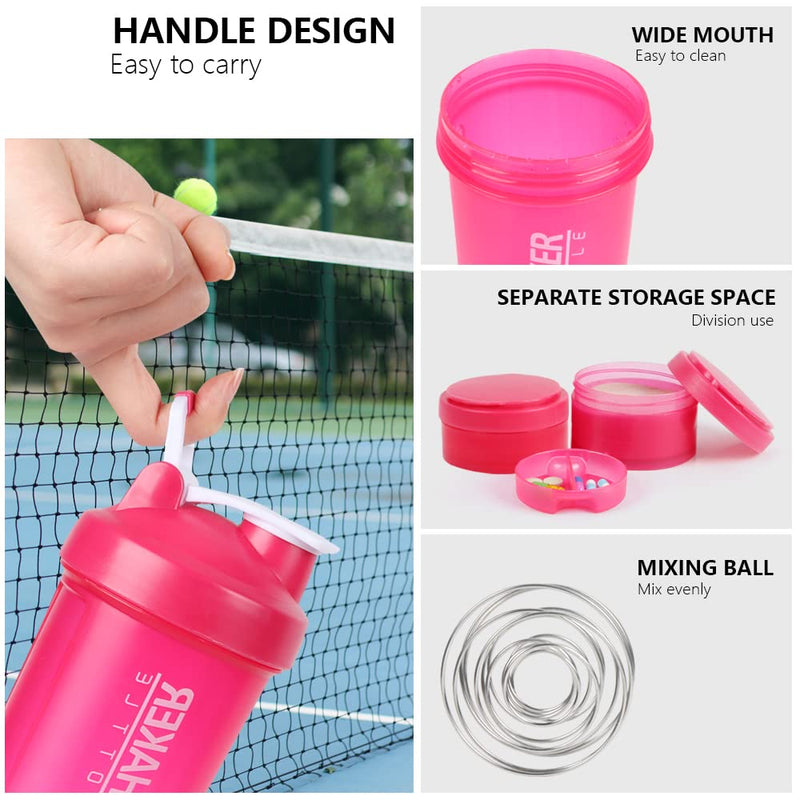 VECH Shaker Bottle 16OZ Protein Shaker Cup with Supplement Powder Storage & Pill Case for GYM & Workout,Portable Leakproof Sports Blender Water Bottles with Stainless Steel Mix Ball,BPA Free (Pink) Pink - BeesActive Australia