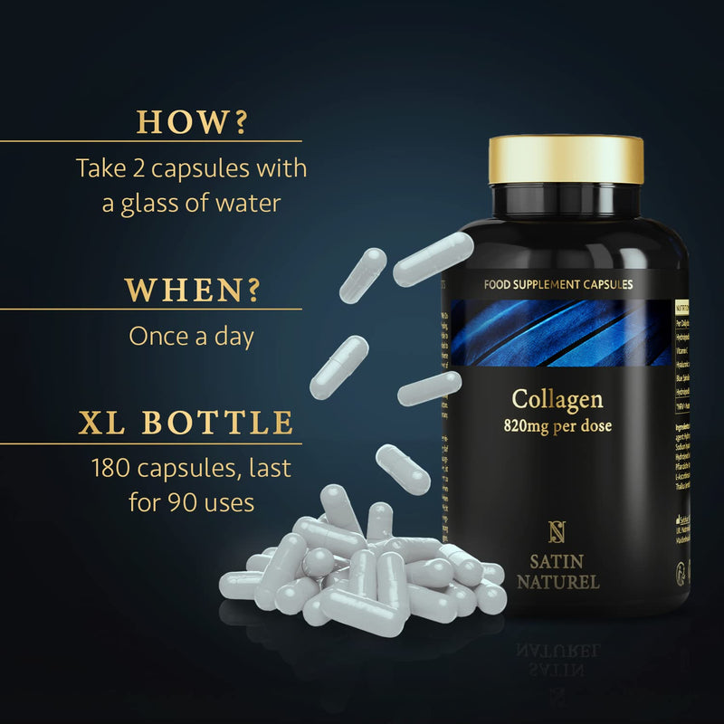Collagen Capsules 820mg - 180 High Strength Capsules (3 Months Supply) - Premium Bovine Collagen Supplements for Women and Men - with Hyaluronic Acid and Vitamin C to Support Skin - Satin Naturel - BeesActive Australia