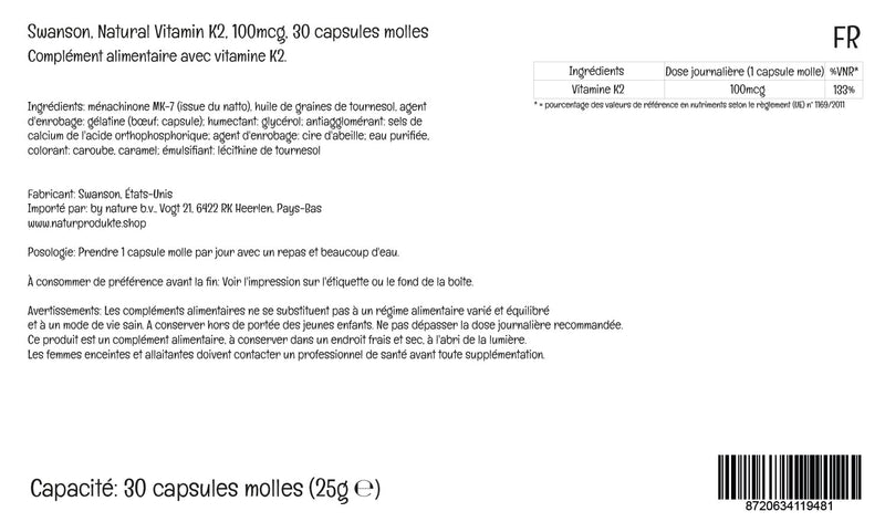 Swanson, Vitamin K2 (Menaquinone MK-7), 100mcg, 30 Softgels, Highly Dosed, Lab-Tested, SOYA Free, Gluten Free, Non-GMO - BeesActive Australia
