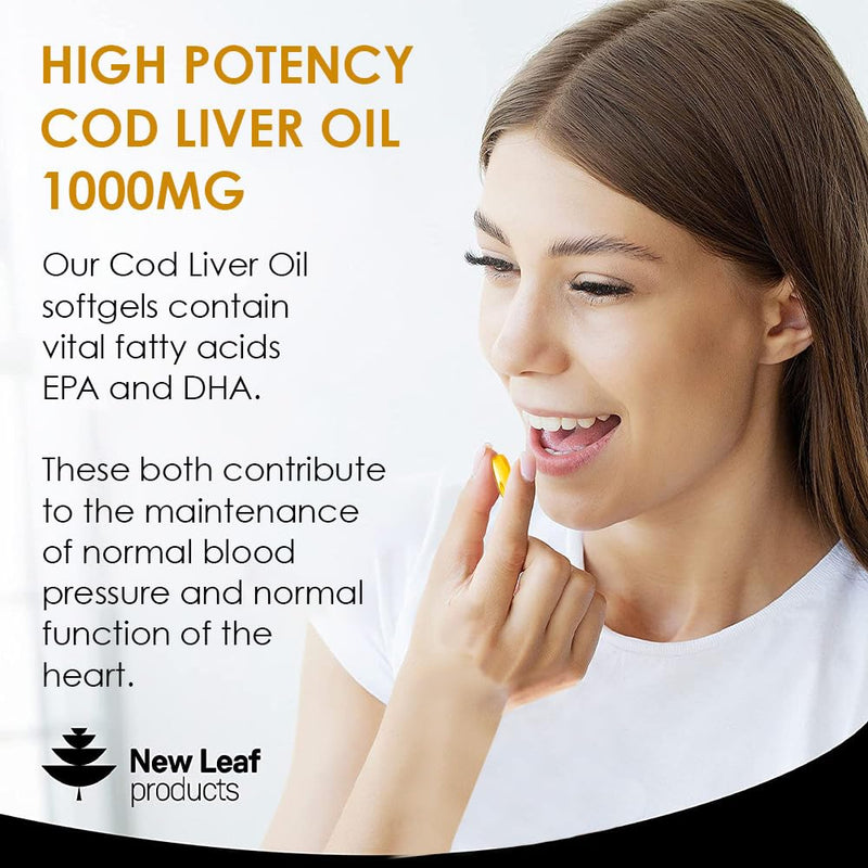 Cod Liver Oil Capsules 1000mg - 90 Cod Liver Capsules High Strength Softgels- Cod Liver Oil Rich in Omega 3 EPA DHA Fatty Acids + Vitamins A & D, High Strength Fish Oil - UK Made, by New Leaf - BeesActive Australia