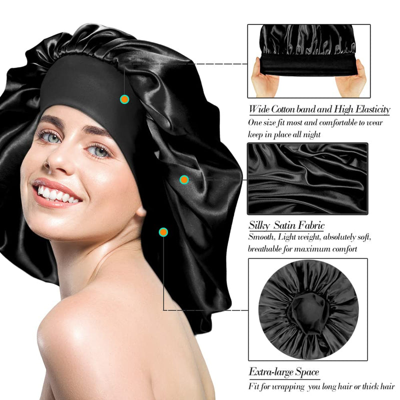 3 Pcs Large Satin Bonnet - Big Sleep Cap with Wide Soft Elastic Band Night Sleeping Bonnets for Women Hair Care - BeesActive Australia