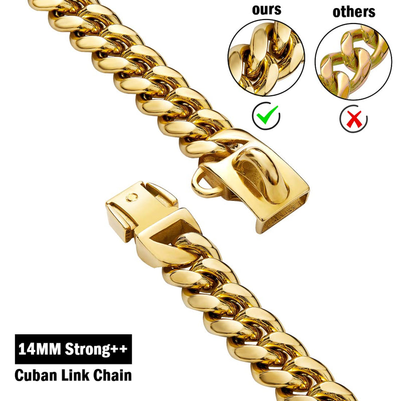 Strong Stainless Steel Gold Dog Collars with Safety Buckle Lock,14MM Cuban Link Chain Training Collar,Dog Necklace Walking Collar for Small Medium & Large Dogs 18 Inch - BeesActive Australia
