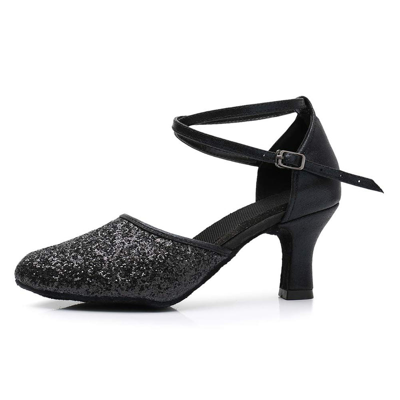 [AUSTRALIA] - SWDZM Women's Sequined Latin Dance Shoes/Ballroom Party Salsa Dance Shoes Model-MF1802 8.5 Black (Heel-7cm) 