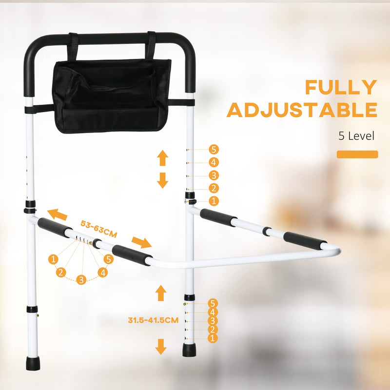 HOMCOM Safety Bed Rail, Height Adjustable Bed Assist Rail with Storage Pocket, Grab Bar for Disabled and Senior, White - BeesActive Australia