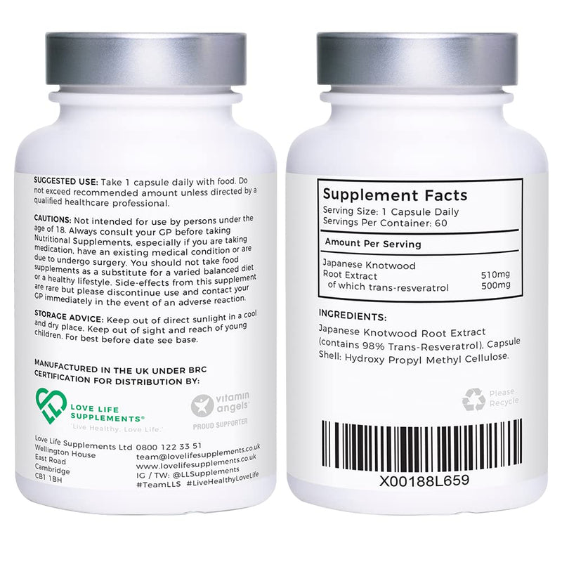 High Strength Trans-Resveratrol - 98% Purity (3rd Party Tested) | 500mg x 60 Capsules / 60 Servings | from Japanese Knotweed Root Extract | Pure Fill (Nothing Else Added) | Love Life Supplements - BeesActive Australia
