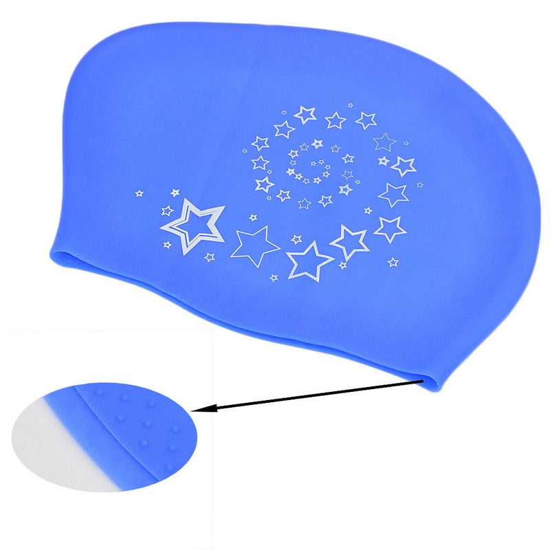 Medifier Women Ladies Elastic Silicone Water Pool Swimming Hat Cap Ear Wrap Hat for Long Hair Adults Star Print(Blue) - BeesActive Australia