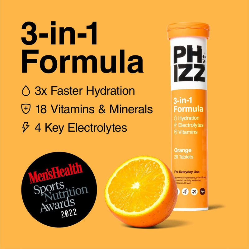 Phizz Electrolytes, Multivitamin & Hydration Tablets - 20 Effervescent Rehydration Tablets - 18 Vitamins & Minerals, Vitamin C, Vegan, Vegetarian & Low Calorie Orange 20 Count (Pack of 1) - BeesActive Australia