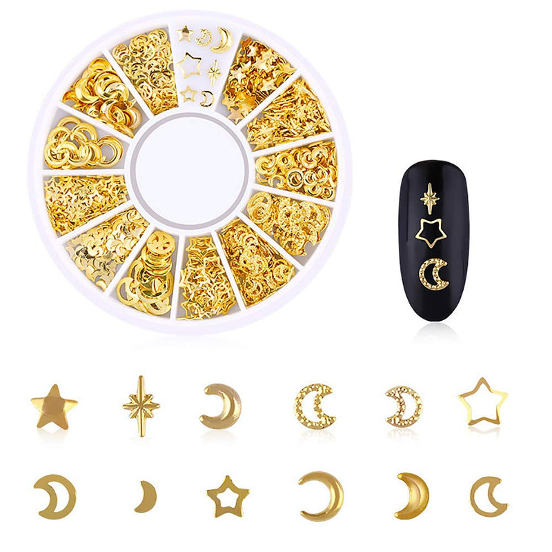 WOKOTO 6 Boxes Gold Metal Nail Studs Rose Star Moon Feather Nail Charm Kit 3D Nail Art Jewelry Decoration With 1Pc Tweezers And Picker Pencil KIT3 - BeesActive Australia