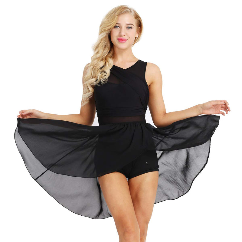 [AUSTRALIA] - Yeahdor Women's Lyrical Latin Contemporary Costume Dresses V Neck Chiffon Asymmetric Short Ballet Dance Dress Black Medium 