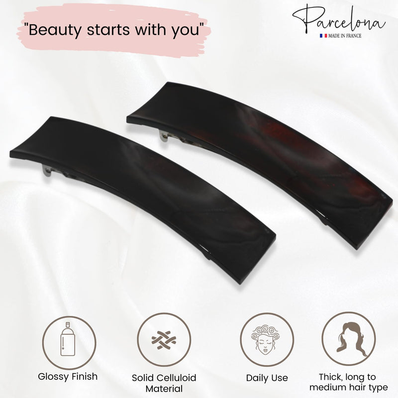 Parcelona French Rectangular Bar Large 4" Celluloid Acetate Hair Barrette Clips for Women Set of 2 Ponytail Automatic Hair Barrette for Thick Hair Durable Fashion Hair Styling Women Hair Accessories Hair Barrette for Girls, Made in France (Tortoise She... - BeesActive Australia