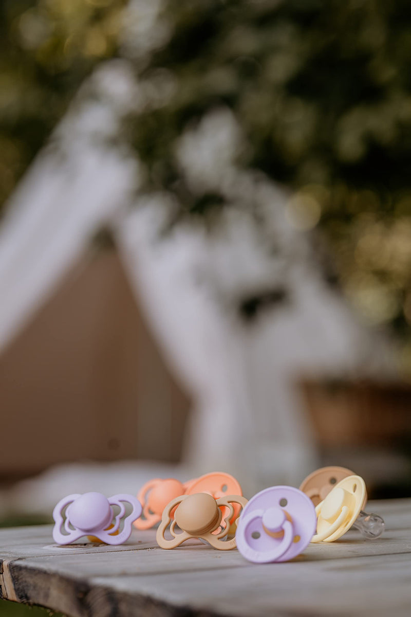 BIBS Pacifiers 0-6 Months | Pack of 2 Premium Soothers | BPA-Free Round Nipple | Made in Denmark | Papaya/Violet Sky Pacifier - BeesActive Australia