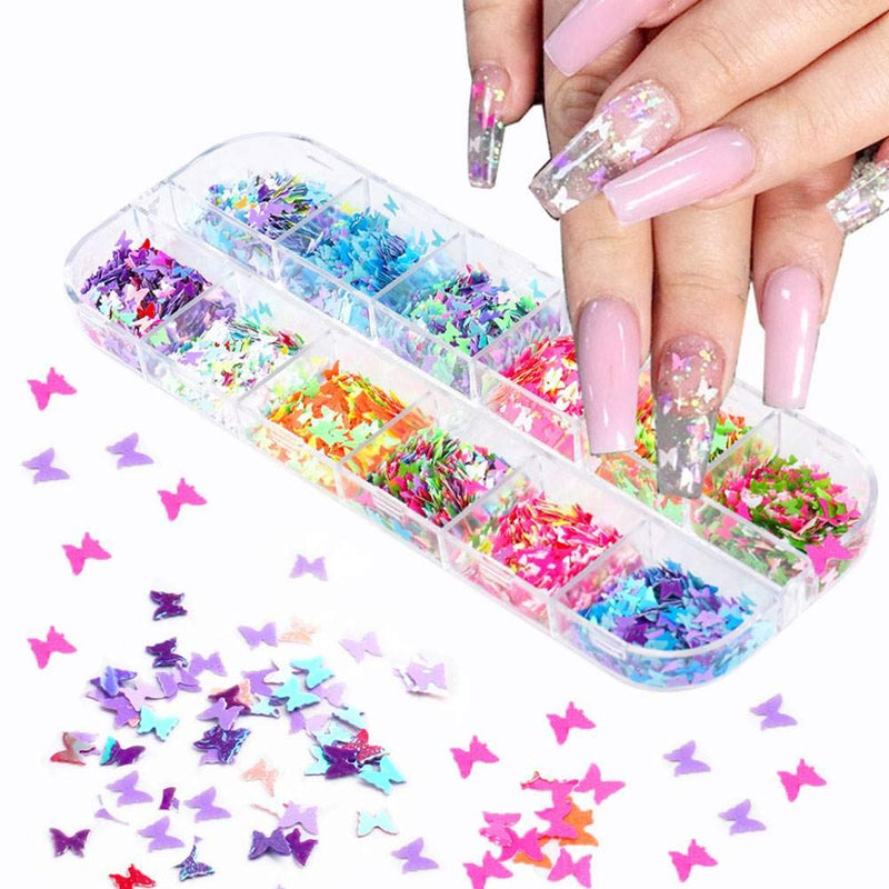 Butterfly Holographic Nail Art Sequins Glitter Kits Butterfly Nail Art Decals Supplies Nail Sparkle Glitter for Nail Art Decoration 12 Grids/Box(Set) - BeesActive Australia